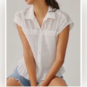 Pilcro by Anthropologie White Smocked Button Short Sleeve Blouse Large Petite